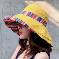 Ethnic Style Double-Sided Women's Sun Hat with Face-Covering - Versatile Summer Beach Accessory M (56-58cm) geltona