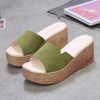 2019 Women's Summer Korean Style Platform Wedge Sandals with Thick Sole and One-Strap Design 35 žalia