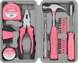 24 dalių rožinis įrankių rinkinys – mini DIY namų ūkio rinkinys su pagrindiniais rankiniais įrankiais Kompaktiškas įrankių dėžutė moterų DIY projektams ir kasdieniam naudojimui