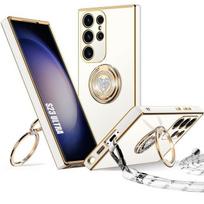 Apsauginis dėklas - BOOLING - skirtas Samsung Galaxy S23 Ultra - Minkštas silikonas - su dirželiu - Besisukantis žiedas balta