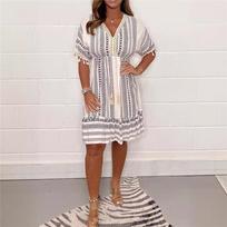 European And American Women's Summer New Style Printed Lace V-neck Short-sleeved Dress Striped Loose Casual Short Long Skirt 4XL juoda