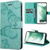Case - BOOLING - for Samsung Galaxy S22 - Synthetic leather - Green - Butterfly pattern žalia