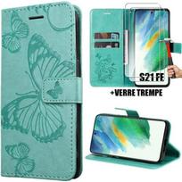 Synthetic Leather Case - BOOLING - for Samsung Galaxy S21 FE - Green PU Leather with Butterfly Pattern - 2 Tempered Glasses žalia
