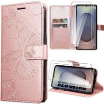 Protective Case - BOOLING - for Samsung Galaxy S25 Ultra - Pink Leather Effect - Butterfly Pattern - 2 Tempered Glasses rožinė