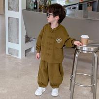 Boys' Solid Color Chinese Style Children's Coat Baby Boy Casual Top and Pants Two-Piece Set 90