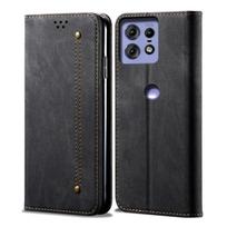 Džinso tekstūros atverčiamas odinis telefono dėklas For Motorola Edge 50 Pro 5G juoda