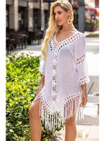 Trendy Ins-Style Backless Crochet Tassel Beach Skirt One Size balta