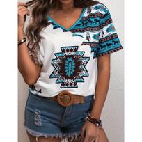 Fashionable Ethnic Style Short Sleeved V-neck Women's T-shirts S