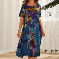 Ladies Summer European And American Style Casual Printed Dress Summer Short-sleeved Waist Round Neck Loose Beach Long Skirt 4XL mėlyna