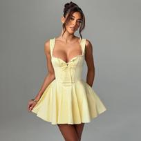 Vasaros berankovė nėrinių suknelė Naujos mados moteriška laisva vienspalvė elegantiška didelio dydžio A silueto mini trumpos suknelės moterims vakarėliui su raukiniais S geltona