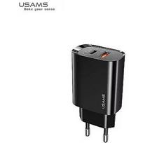 USAMS US-CC121 Wall Charger 20W with 2 prts USB-C Plug (Type-C) PD3.0 Fast Charging and USB Quick charger designed for iPhone 11 / 12 Black CC121TC02
