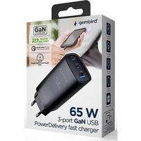 Cablexpert TA-UC-PDQC65-01-BK 3-port 65 W GaN USB PowerDelivery fast charger, black | TA-UC-PDQC65-01-BK