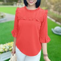ZANZEA Women Casual Fungus Ruffled Edge Crew Neck 3/4 Sleeve Blouse S arbūzo raudonos spalvos