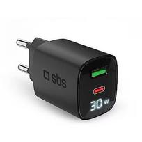 Sbs LCD Wall Charger, USB-A, USB-C, LCD, 30 W, black - Wall charger TETRGANLCD1USB1C30K