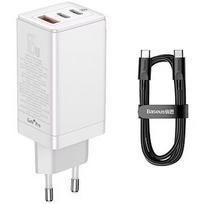 Baseus CCGP050102 GaN3 65W 3A PD QC 3.0 Fast Charge 2x USB-C 1x 65W USB Charger + USB-C 1m Cable White CCGP050102