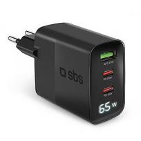 Sbs LCD Wall Charger, USB-A, 2x USB-C, LCD, 65 W, black - Wall charger TETRGANLCD1USB2C65K