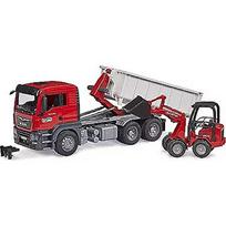 Bruder MAN TGS truck with roll-off container and Schäffer farm loader, model vehicle 03767