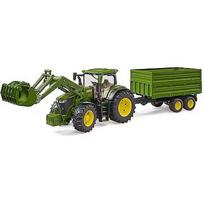 Bruder John Deere 7R 350 with front loader and tandem axle transport trailer, model vehicle 03155