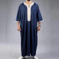 Tamsiai mėlyna vyriška trumpomis rankovėmis siuvinėta arabiška chalata (2023 m) XL tamsiai mėlyna spalva