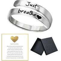 Just Breathe Heart Ring for Women Men, Stainless Steel Spiral Wrap Healing Rings, Inspirational Heart felt Gifts with Box adjustable