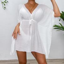 Drop-Shoulder Loose Beach Cover-up with Waist Tie - Sunscreen Solid Color Bikini Shirt One Size balta