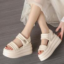 New Summer Women Chunky Sandals Leather High Platform Trainers Breathable Casual Slippers Shoes Woman 7CM Heels Wedge Sneakers 34