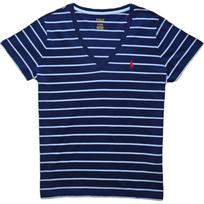 Polo Ralph Lauren logotipas siuvinėtas dryžuoti V formos iškirpte trumpomis rankovėmis marškinėliai moteriški marškinėliai tamsiai mėlyni 211698035-031 XS