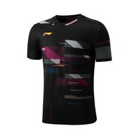 Li Ning Badminton Series V-Neck Printed Comfortable Breathable Versatile Short Sleeve Badminton Shirt Unisex tops Black AAYV031-1 M