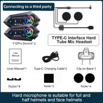 Bluetooth Y12 Pro Motociklo šalmo domofonas IP56 atsparus vandeniui 300 m diapazonas CVC triukšmo slopinimas 2PCS Hard Mic(500M Intercom) black