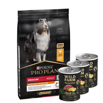 Purina Pro Plan Medium Adult Optibalance, vištiena ir ryžiai 14kg + Wild Farm Monoprotein Wild Boar 3x400g hipoalerginis šunų ėdalas