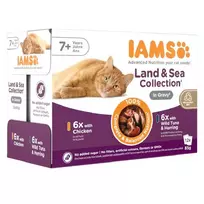 Iams Delights Senior Cat Land & Sea Collection Gravy konservuotas pašaras senyvoms katėms, rinkinys; 12x85g