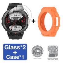 Glass+Case for Amazfit T-Rex 2 Screen Protector Tempered Glass Film & TPU Soft Protective Bumper T Rex 2 Rex2 Cover Accessories for Amazfit T Rex 2 oranžinė