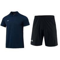 Under Armour vienspalvis trumpomis rankovėmis polo marškinėlis su gobtuvu, patogūs laisvo kirpimo vidutinio juosmens šortai, laisvalaikio sportinis komplektas, vyriški komplektai 23500507-408+22500214-001 S
