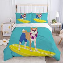 Cartoon Shiba Inu King Queen Bedding Set Yellow Pet Puppy Duvet Cover Cherry Blossoms Tree Quilt Cover Polyester Comforter Cover EU single(135x200cm)