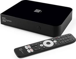 "TELE System UP1" skaitmeninis antžeminis dekoderis "Android TV Ultra HD", sertifikuota "Netflix", "Prime Video", "Disney+", integruotas "Chromecast", DVB-T2 HEVC, HDR10+ HLG, AV1, HDMI/SCART