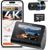 70mai A800SE Dashcam Automobilinė priekinė galinė 4K UHD + 1080P su GPS WiFi, dviguba automobilio kamera, įskaitant 128GB SD kortelę, F1.55 diafragma HDR, 24/7 parkavimo stebėjimas, naktinis matymas, ADAS, 3 colių IPS, iki 512GB Max