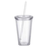 Dvigubos sienelės plastikinis puodelis su dangteliu ir šiaudeliu, izoliuotas kavos puodelis, 500 ml, permatomas