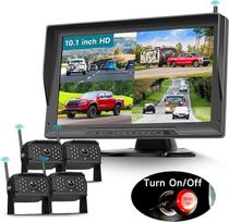 "Podofo" 4 x belaidės atbulinės eigos kameros su monitoriumi 10,1 colio IP69 naktinio matymo plataus kampo AHD IPS monitorius Belaidės atbulinės eigos kameros, skirtos automobiliams, nameliams ant ratų / karavanams / sunkvežimiams, 4 padalyti ekranai, vai