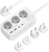 Kelioninis adapteris visame pasaulyje, maitinimo juostelė, 3 skyriai su 4 USB (2 USB A, 2 USB C), Vokietijos ir JAV/ JK/AU/Indijos/Pietų Afrikos adapterio lizdas su 1,5 m, skirtas iš Europos į JAV, Meksiką, Australiją, Tailandą ir HK