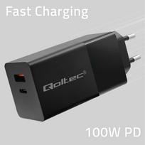 Qoltec 52382 GaN POWER PRO charger | 1xUSB type C | 1xUSB A | 100W | 5-20V | 1.5-5A | PD | Black