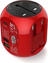 Universalus kelioninis adapteris su greituoju įkrovimu QC3.0, 2 USB 3.0 prievadais ir 1 C tipo sąsaja (JAV/EU/UK/AU) viename daugiafunkciniame įkroviklyje, tinkančiame 180+ šalių, 2 saugikliai (raudonas)