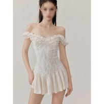 Heavy industry jacquard lace fungus edge ultra-short A-word pleated skirt one-word collar suspender vest dress S- (can be worn within 45kg)