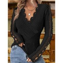 Fashion Lace Sleeve Slim Ladies T-shirt Sexy L juoda