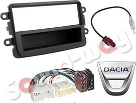 "Sound-way" 1 DIN automobilinio radijo priekinė plokštė, radijo rėmelis, ISO jungties kabelis, antenos adapteris, suderinama su "Dacia Duster", "Sandero