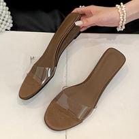 PVC Skaidrios šlepetės moterims Mediniai pleištai Batai Atsitiktinės Paplūdimio Sandalai Atviras pirštas Žemi kulniukai Mules Šlepetės Zapatos Mujer 39 balta