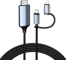 "Lightning" ir C tipo HDMI kabelis 2 m, HDMI kabelis "iPhone", dviguba sąsaja visiems "iPhone" (16/15/14/13) ir "iPad Pro/Air/Mini (netinka nešiojamiesiems kompiuteriams / "Android" telefonams)