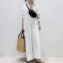 Striped Loose Cardigan Dress with Turn-down POLO Collar - 2025 Edition XXL balta