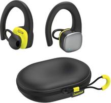 "Hama" "Bluetooth" sportinės ausinės (ausinės su kabliuku, belaidės ausinės su 35 valandų baterija, TWS ausinės su apsauga nuo vandens IPX5, atsparios prakaitui, valdymas mygtukais), juodos/geltonos spalvos