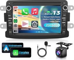 2G ir 64G 7 colių automobilinis radijas "Renault Dacia Duster Sandero Dokker Logan Lodgy Captur" su "Carplay Android Car", "Android 13", jutikliniu ekranu "Bluetooth" HiFi/RDS/FM radijas, "WiFi Navi/AHD atbulinės eigos kamera