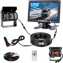 GREENAUTO 7 colių 1080P HD atbulinės eigos kameros rinkinys, infraraudonųjų spindulių naktinio matymo IP69K dulkių nepraleidžianti vandeniui atspari atbulinės eigos kamera, 15 m ilgio kabelis, palaikantis dvigubus kanalus, pagalbinė sunkvežimių, priekabų,